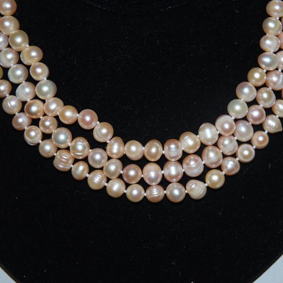 3-Strand 7mm Peach Freshwater Pearl Necklace & Bracelet Set - Picture 3 of 9